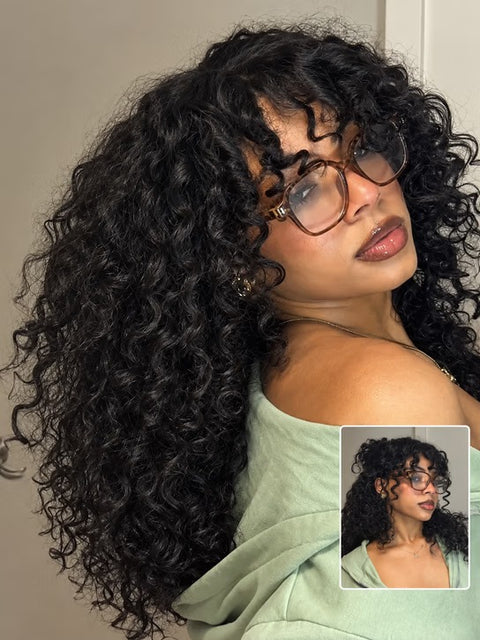 Klaiyi Hair T Shaggy Curly Wig Bangs Natural Black official product photo